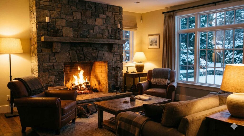 Intérieur chaleureux avec une cheminée à bois en fonction, illustrant la sécurité et le confort d'un conduit bien entretenu en hiver.