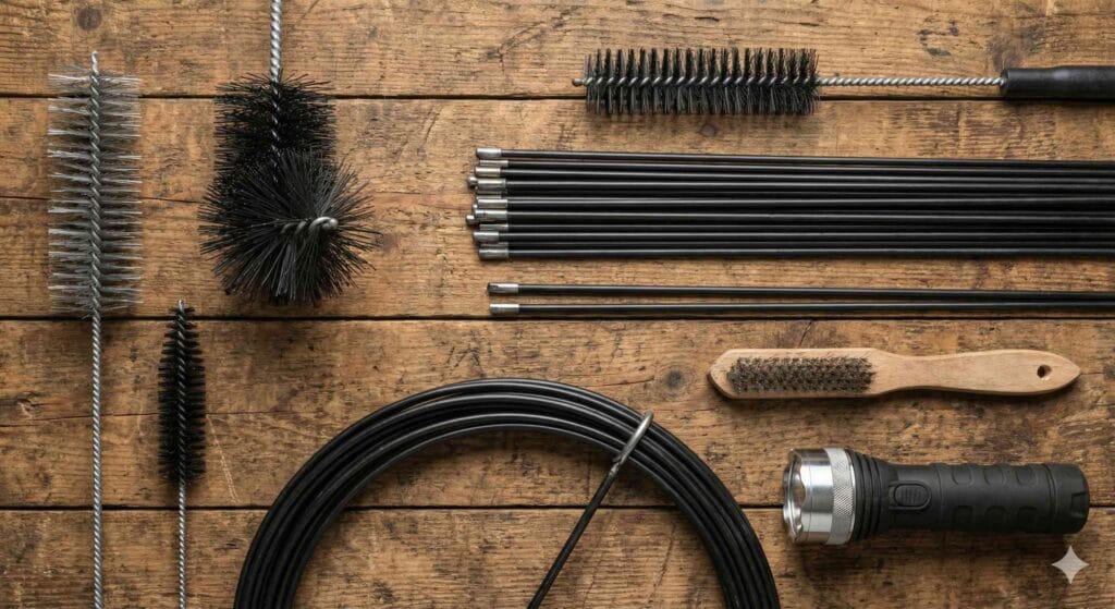 Assortiment d'outils professionnels de ramonage incluant brosses hérisson en acier et nylon, cannes et brosses à main.