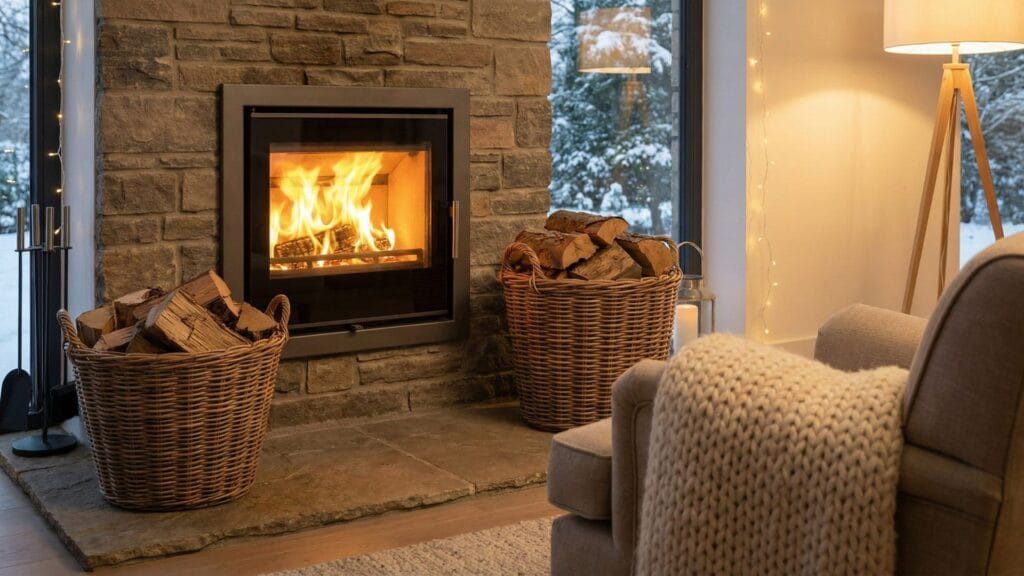 Feu de cheminée chaleureux et sans fumée dans un poêle à bois moderne, résultat d'un allumage inversé (top-down) réussi.