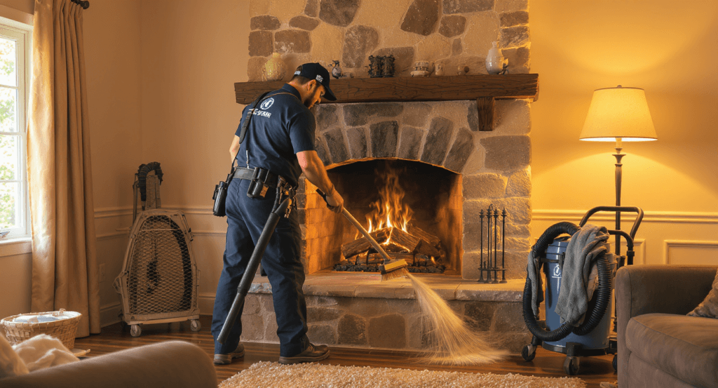 Artisan certifié effectuant le ramonage d'une cheminée dans le Loiret